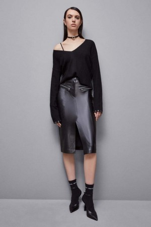 Patrizia Pepe High-waisted Midi Skirt In Faux Leather Negros | HMKJ-72894