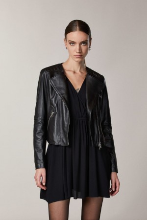 Patrizia Pepe Leather Biker Jacket With Top-stitching Negros | NBSA-10956