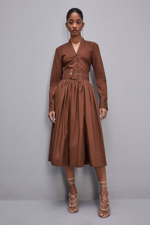 Patrizia Pepe Midi Flared Skirt With Belt Marrom | GSYD-92053