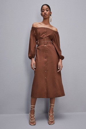 Patrizia Pepe Off-shoulder Dress With Belt Marrom | WYLP-57219