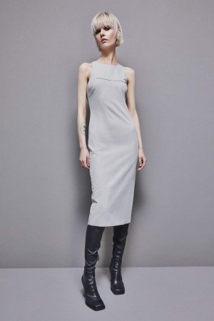 Patrizia Pepe Pinstripe Crew Neck Midi Sheath Dress Grises | IAWP-68174
