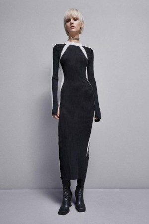 Patrizia Pepe Ribbed Viscose Blend Dress Negros | WGFA-63598