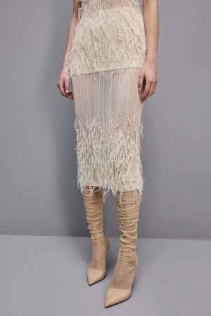 Patrizia Pepe Skirt With Feather And Pearl Embroidery Blancos | EQCJ-14278